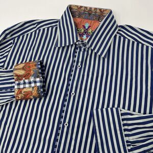 Robert Graham Paisley Flip‎ Cuffs Long Sleeve Button Shirt Blue Stripe Men's XL